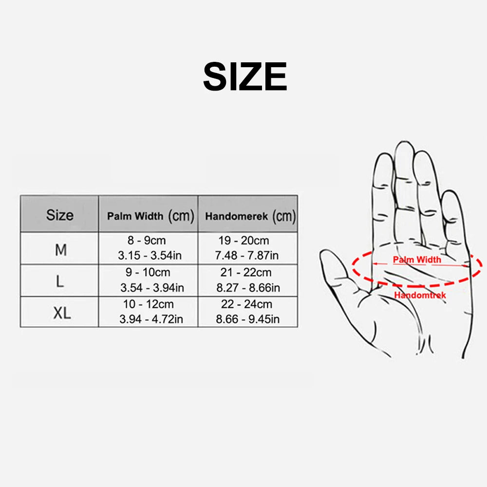 Hand size measurement chart with palm width and handmerk dimensions on a white background
