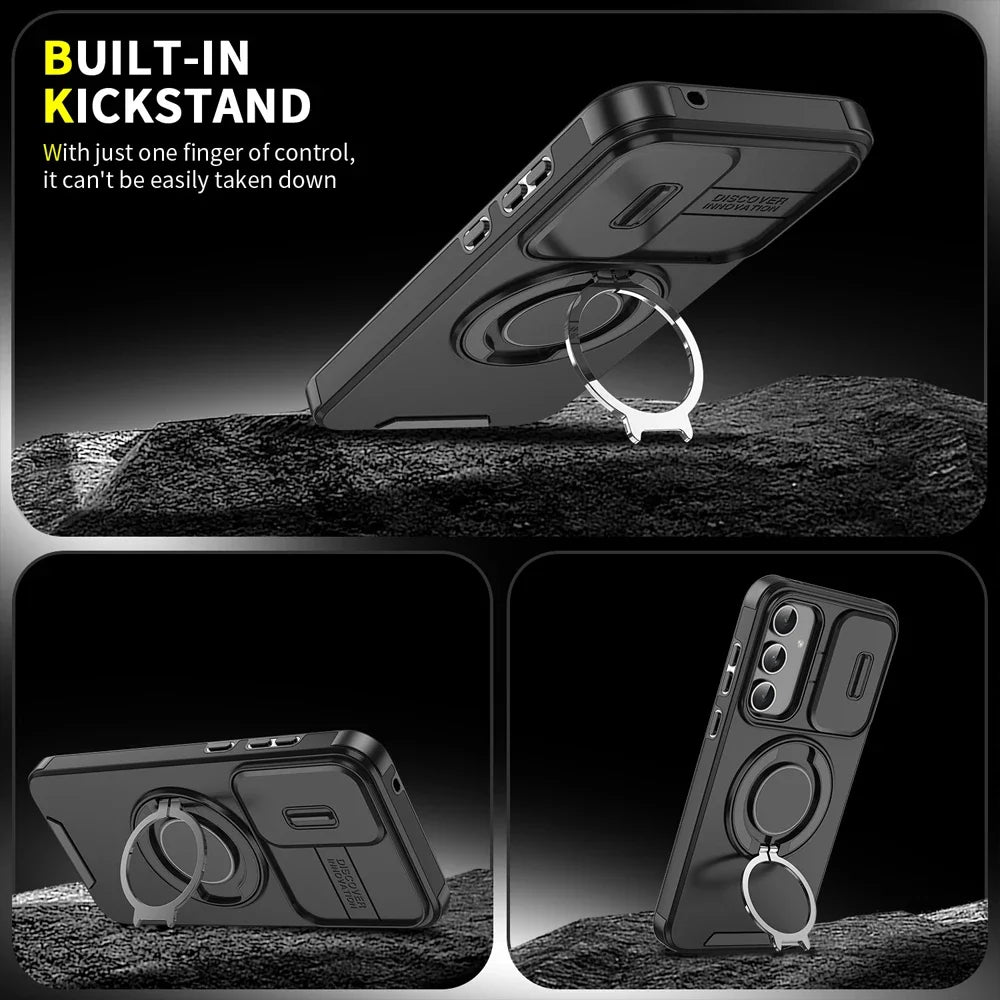 Phone case with built-in kickstand feature on a black background