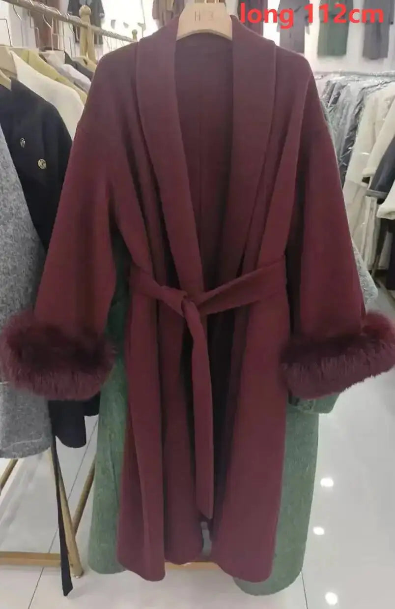 UCXQ Eleganter OL Business-Mantel Pelz-Patchwork Langarm Wollmantel Schöne Damenbekleidung Jacke Herbst 2025 Winter
