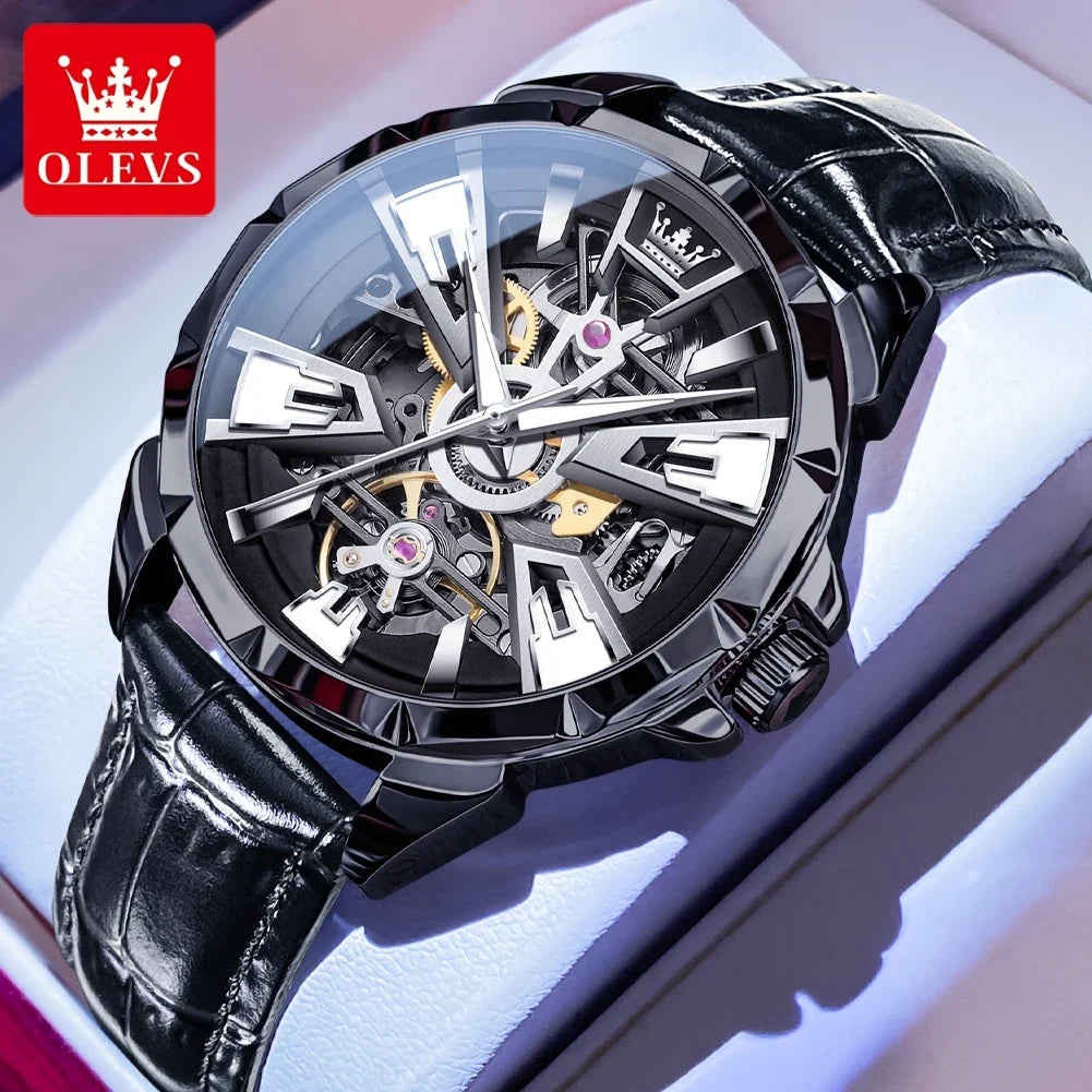 Luxury watch with black leather strap and transparent face on a white background, featuring the OLEVS brand.