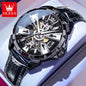 Luxury watch with black leather strap and transparent face on a white background, featuring the OLEVS brand.