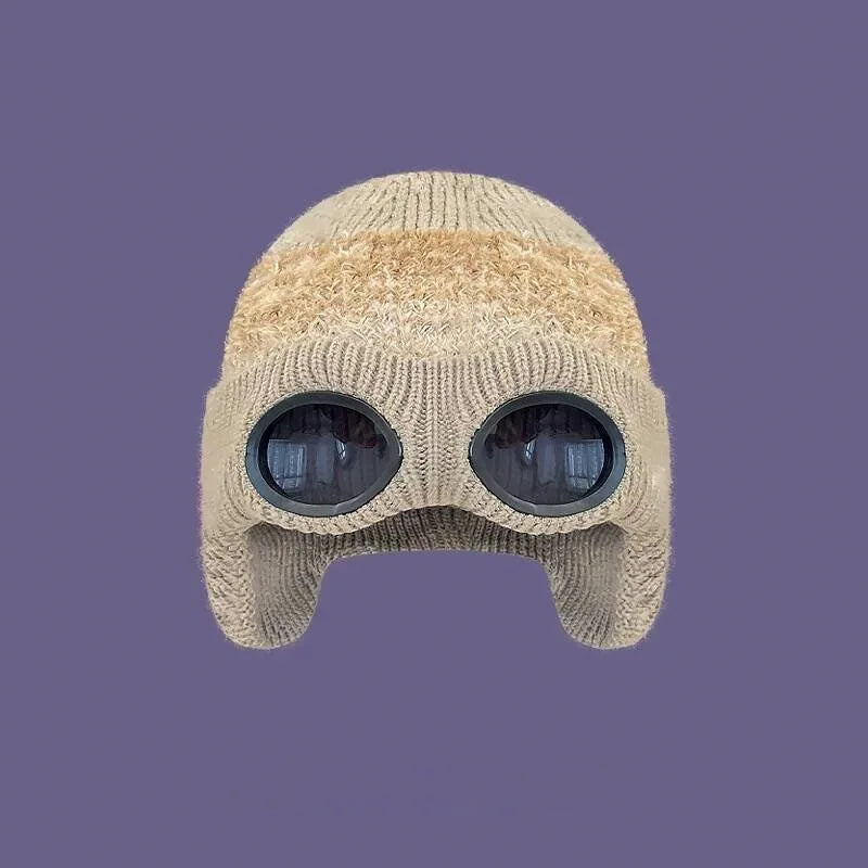 Pilot Goggles with Fleece Knit Hat for Autumn and Winter Cold Weather Protection, Warm Woolen Hat for Men and Women, Versatile T