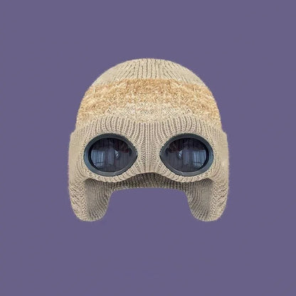 Pilot Goggles with Fleece Knit Hat for Autumn and Winter Cold Weather Protection, Warm Woolen Hat for Men and Women, Versatile T