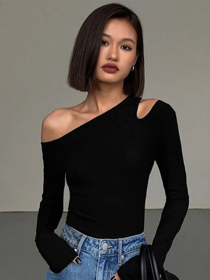 Mode Schräger Kragen Off-Shoulder Langarm-T-Shirts Damen Frühling Neu Einfarbig Slim Fit Crop Top Sexy Hohl Out Tees Shirts