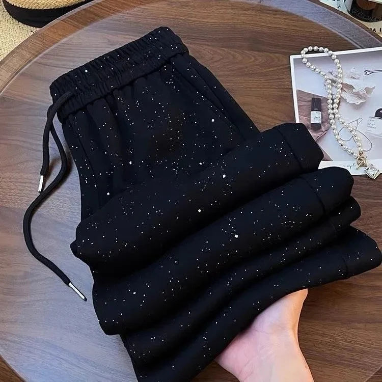 Shiny Ice Silk Wide Leg Pants Women Summer New High Waist Straight Casual Sports Long Trousers Children's Matching Pants
