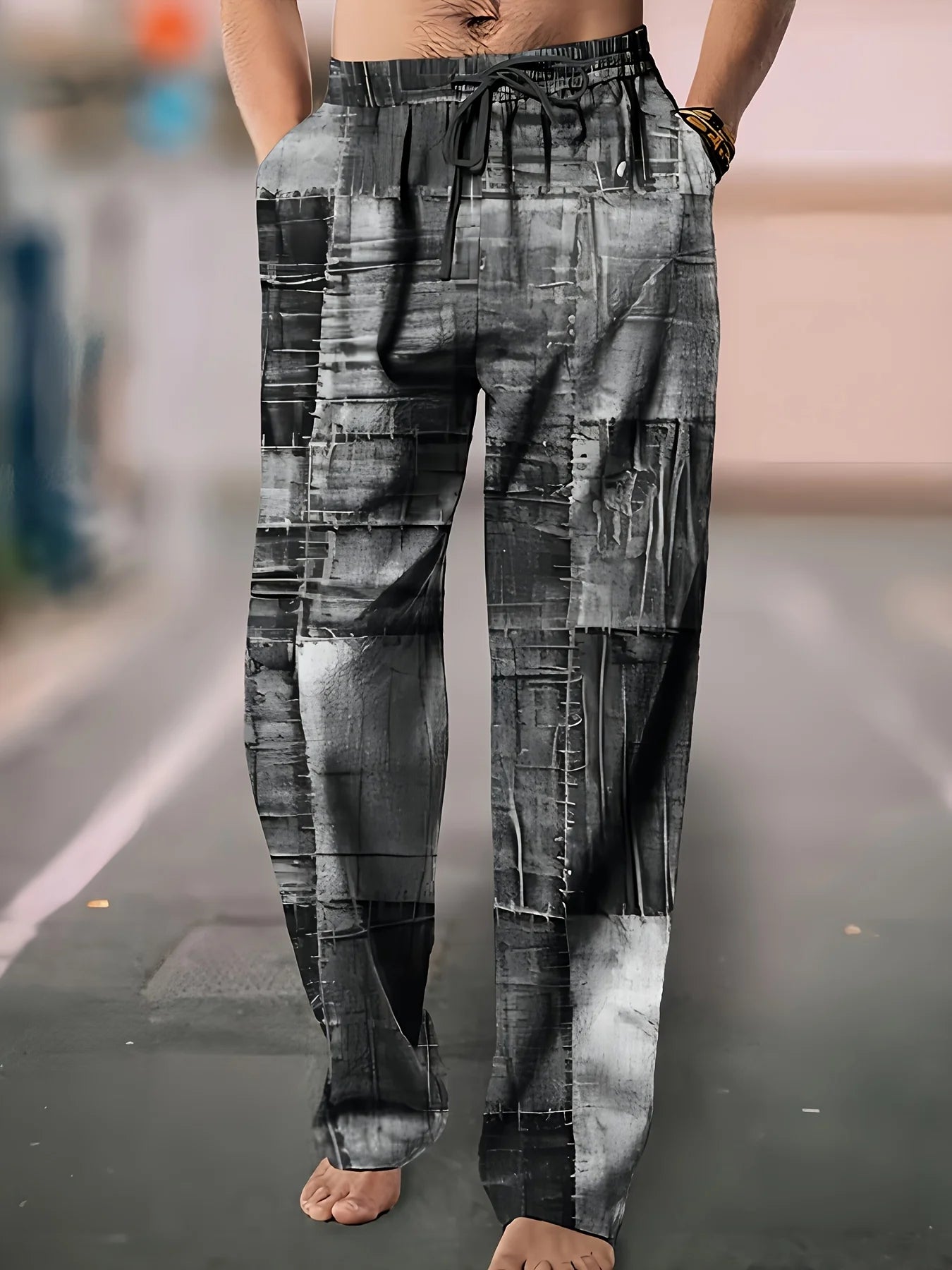 Men's Casual Linen Cotton trousers, Summer Ethnic Printed Beach pants, retro, mid-waist, zippered, Large Size Ropa Hombre