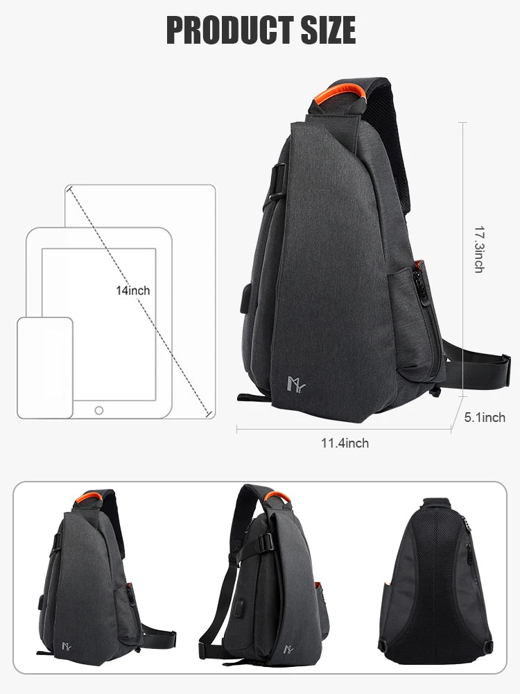 Black sling bag with measurement details on a white background