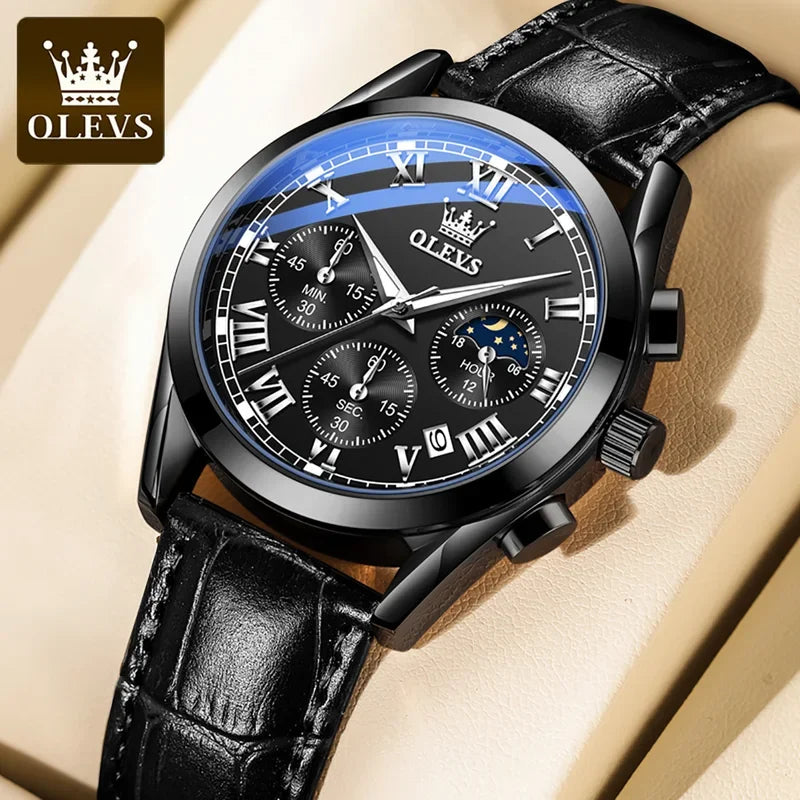 Black wristwatch with blue face and OLEVS branding on a beige background