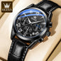 Black wristwatch with blue face and OLEVS branding on a beige background