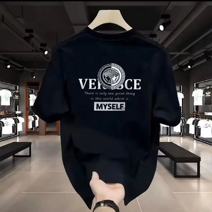 Black t-shirt with 'VERSE' logo and text in a store setting