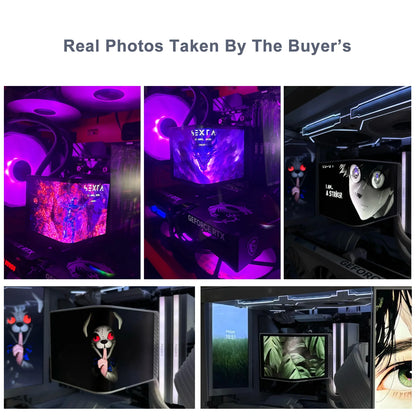 Collage of real photos taken by a buyer showing a computer setup with RGB lighting and gaming monitors.