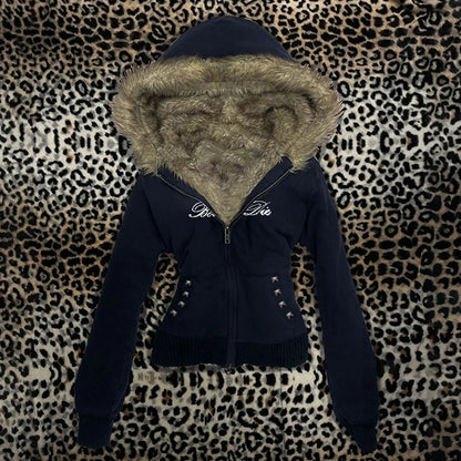 Aesthetic Women's Fur Collar Hoodie Sexy Slim Chic Casual Solid Color Cardigan Sweatshirt Goth Punk Rock Streetwear