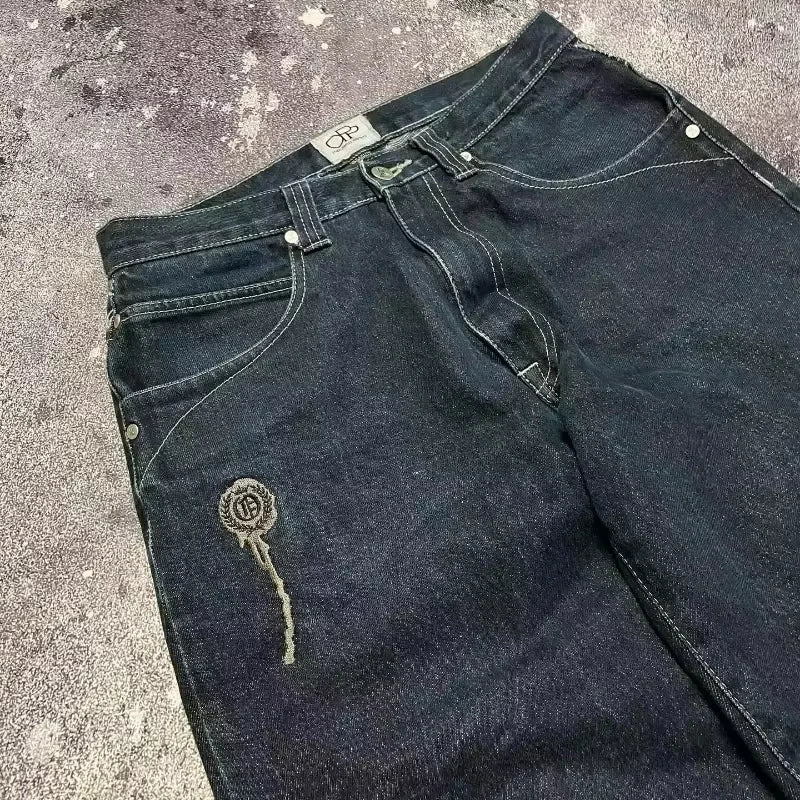 Street Fashion Trend Totenkopf bestickte Jeans Damen Harajuku Y2K Neue Hip Hop Joker Straight Wide-Leg Hosen Paar Freizeitjeans