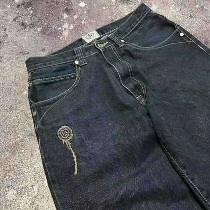Street Fashion Trend Totenkopf bestickte Jeans Damen Harajuku Y2K Neue Hip Hop Joker Straight Wide-Leg Hosen Paar Freizeitjeans