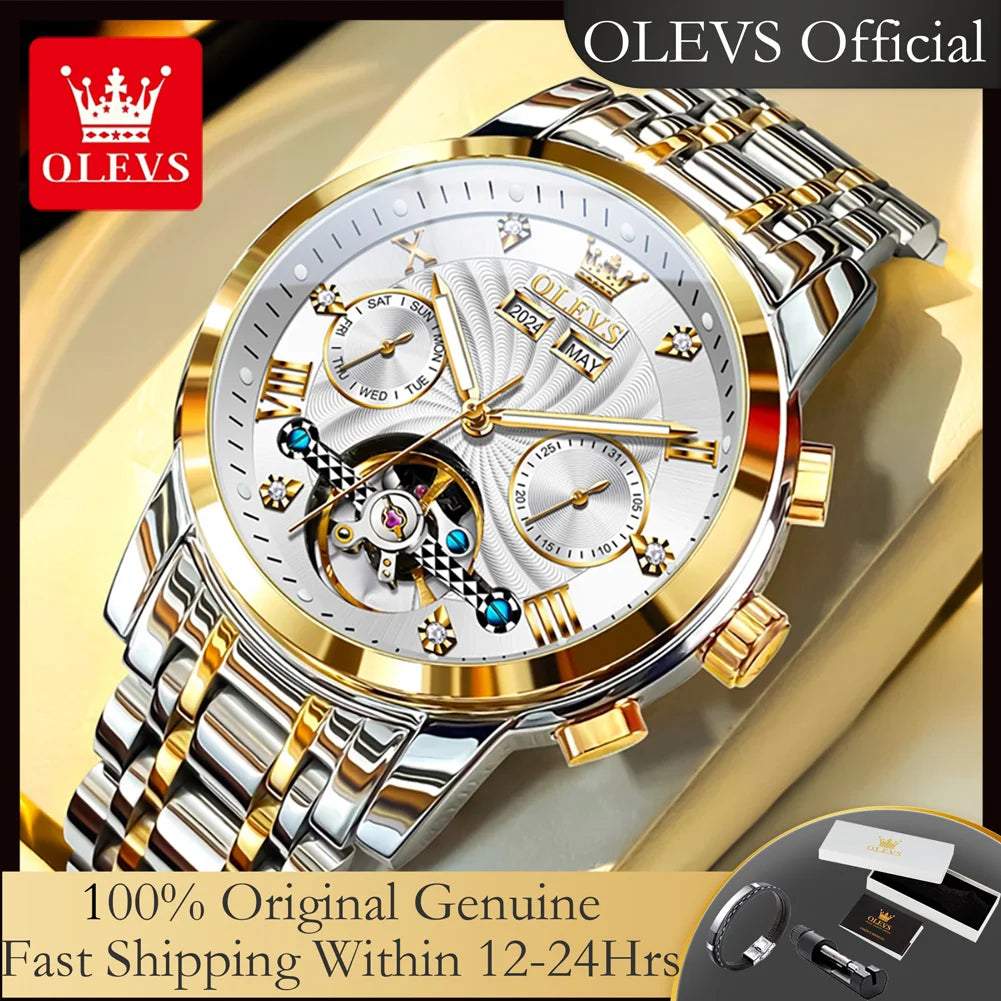 OLEVS Luxuriöse automatische mechanische Uhren für Herren, Skelett-Unruh-Kalender-Woche, Business-Herrenuhr, ausgehöhlte Herrenuhren