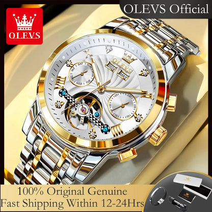 OLEVS Luxuriöse automatische mechanische Uhren für Herren, Skelett-Unruh-Kalender-Woche, Business-Herrenuhr, ausgehöhlte Herrenuhren