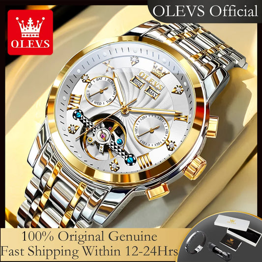 OLEVS Luxuriöse automatische mechanische Uhren für Herren, Skelett-Unruh-Kalender-Woche, Business-Herrenuhr, ausgehöhlte Herrenuhren