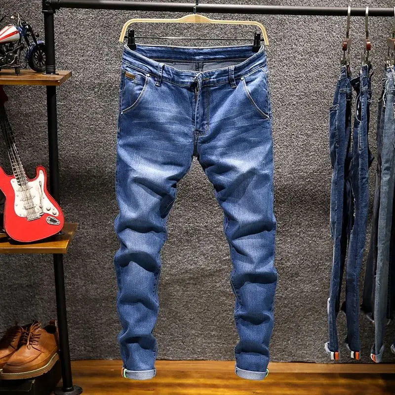 American Elastic Straight Jeans Men Ripped Worn-out Slim-fit Cotton Men's Clothing