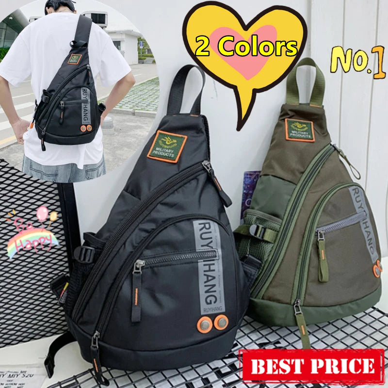 Two sling bags, one black and one green, with 'RUY HANG' branding on a checkered surface.