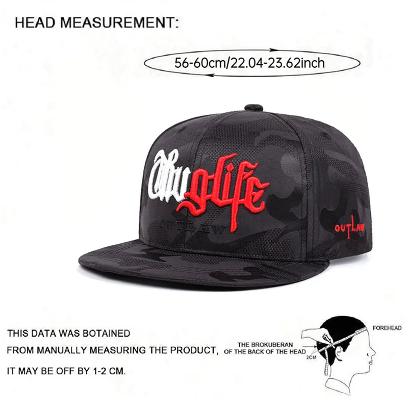 Black camouflage cap with red and white text on a white background