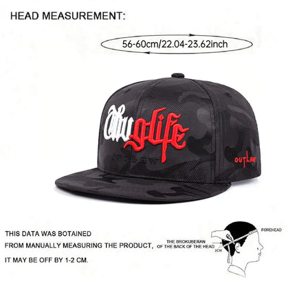 Black camouflage cap with red and white text on a white background
