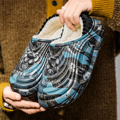 Person holding a slipper with a patterned sole and fluffy interior.