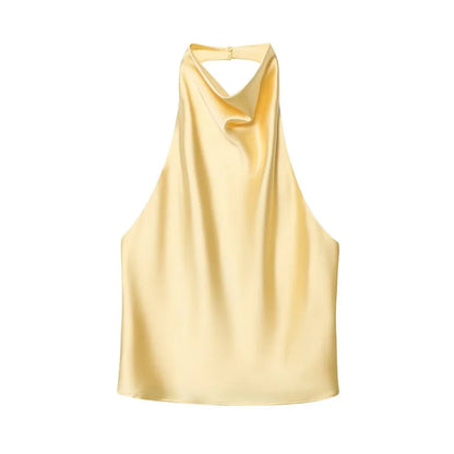 DAMEN 2025 Neckholder-Tops für Frauen Schwarzes Satin-Rückenfreies Top Damen Rosa Sommer Strandtop Damen schulterfreies Camisole-Top Frauen