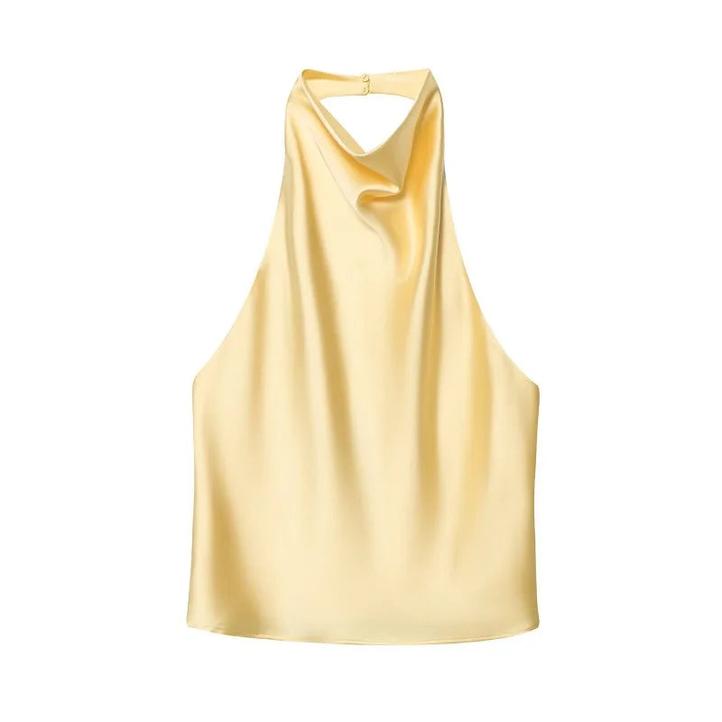 DAMEN 2025 Neckholder-Tops für Frauen Schwarzes Satin-Rückenfreies Top Damen Rosa Sommer Strandtop Damen schulterfreies Camisole-Top Frauen