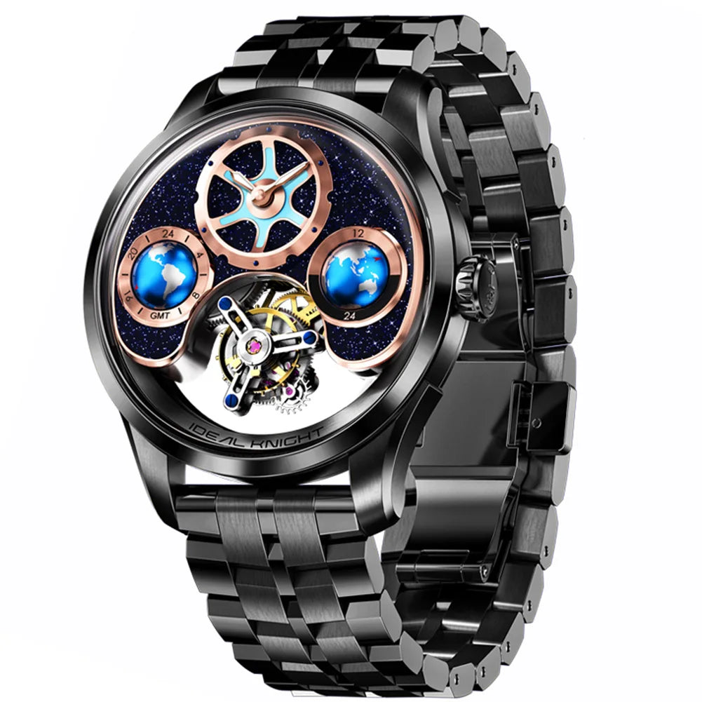 IDEAL KNIGH Watch Advanced Tourbillon Automatic Mechanical Watch Waterproof Luminous Dual Region Time