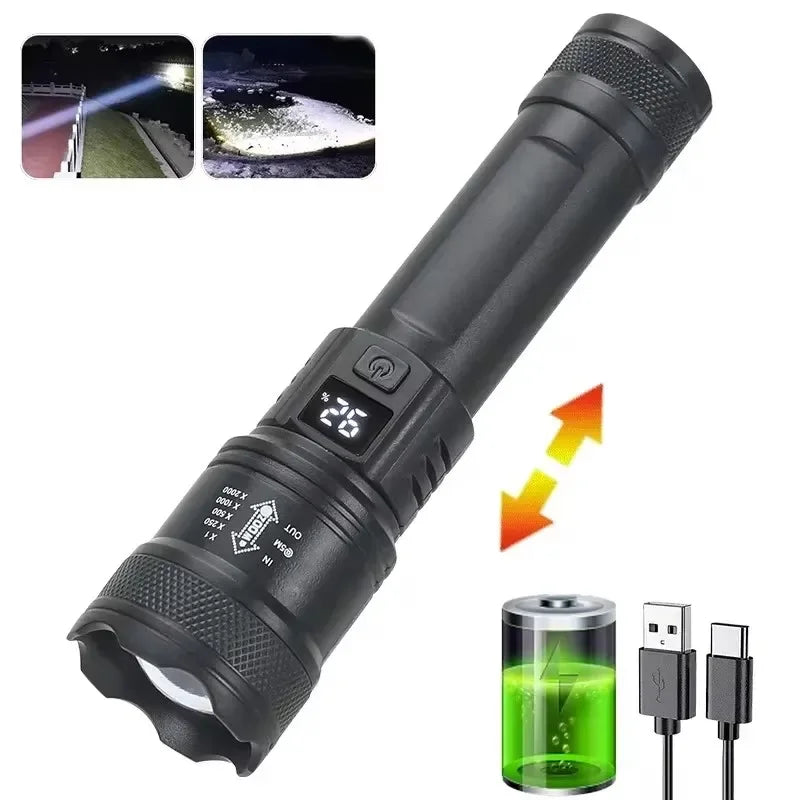 Leistungsstarke LED-Taschenlampen 300000LM Taktische Taschenlampe mit Displaylicht USB-Ladefunktion Camping Angeln Verteidigung Zoom-Laterne