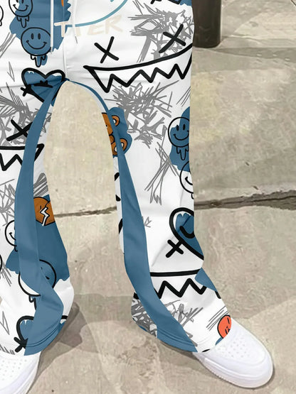 White leggings with blue and black abstract designs on a concrete floor.