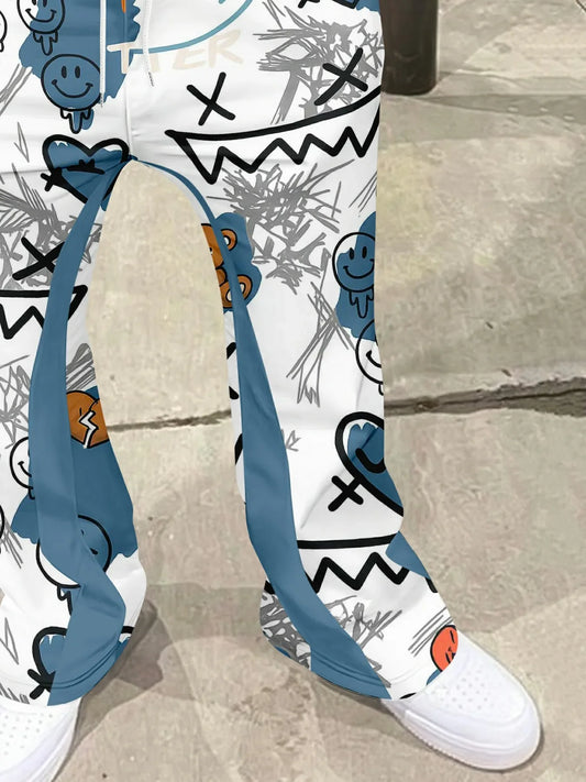 White leggings with blue and black abstract designs on a concrete floor.