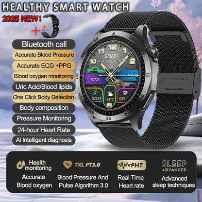 Smart watch with features listed on a scenic background