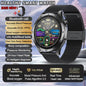 Smart watch with features listed on a scenic background