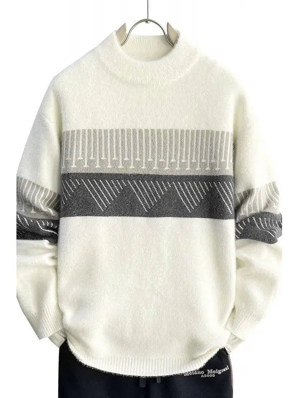 Herren Strickpullover mit geometrischem Muster, Stehkragen, warm, atmungsaktiv, lässig, als Innenbekleidung, gestreiftes Top, modisch