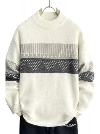 Herren Strickpullover mit geometrischem Muster, Stehkragen, warm, atmungsaktiv, lässig, als Innenbekleidung, gestreiftes Top, modisch