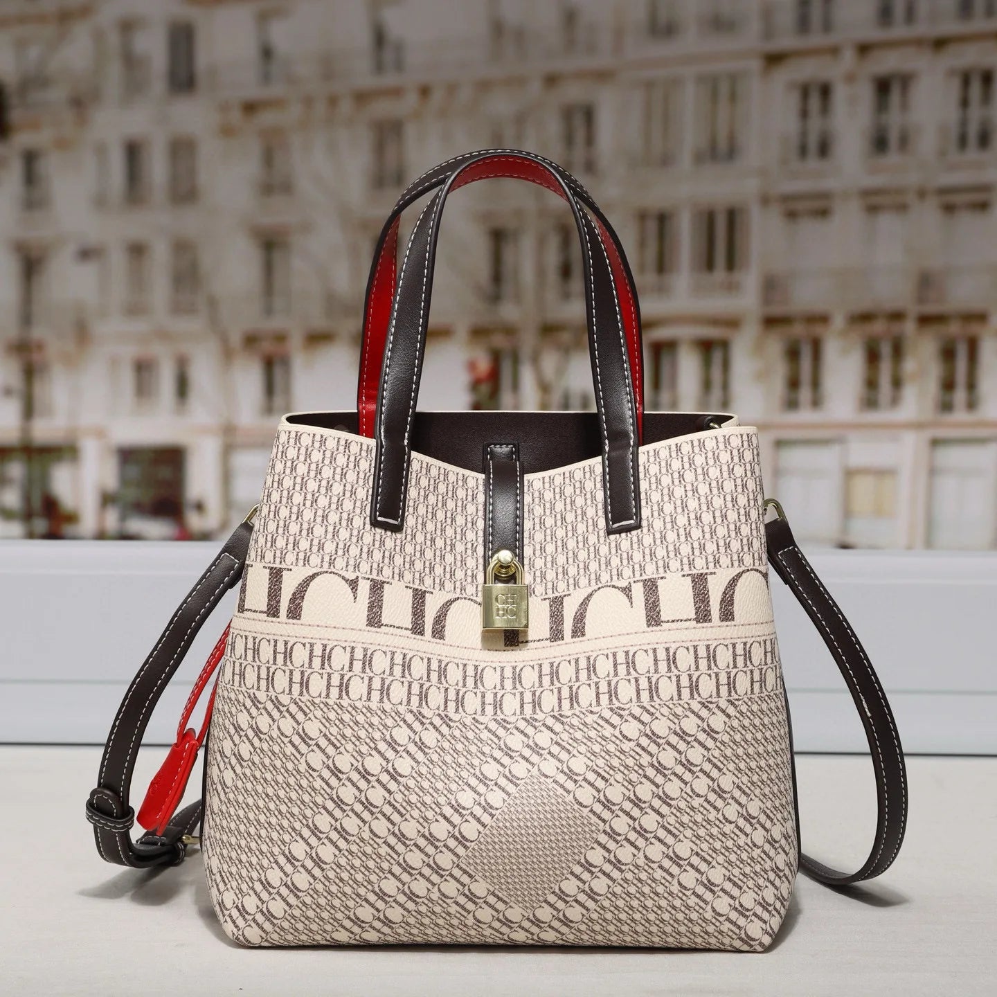 CH Women's High-Quality PVC Crossbody Bucket Bag Classic Printed Letter Design Luxury-Inspired Large Capacity Tote