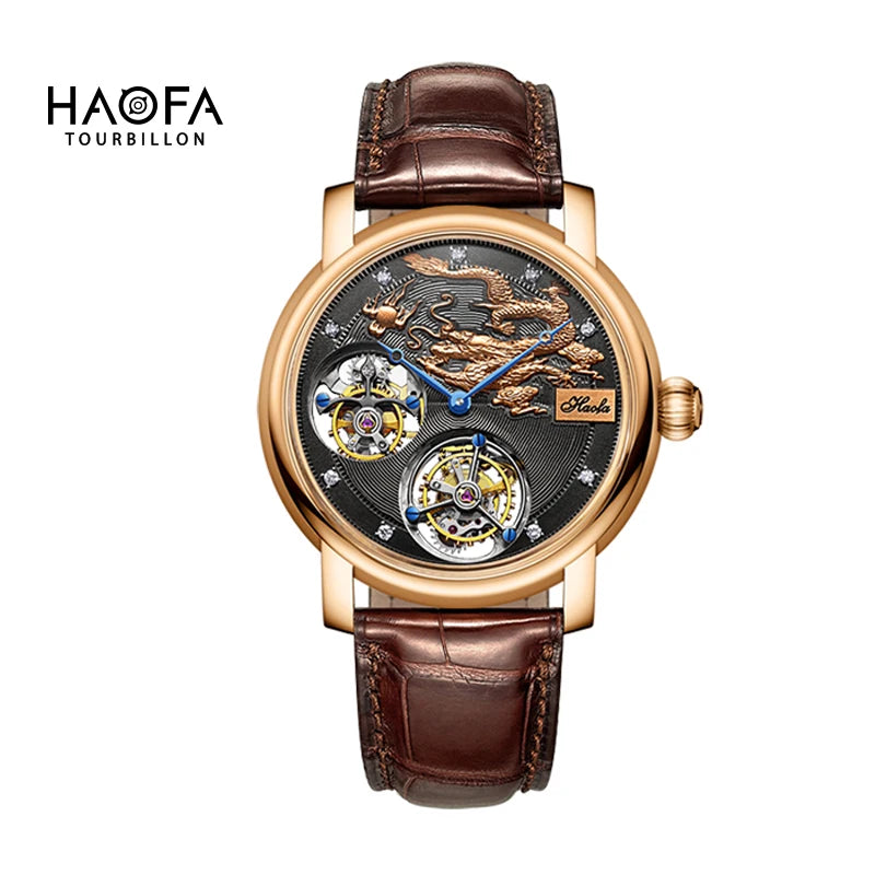 18K Gold Double Tourbillon Movement Skeleton Watch Mechanical Diamond Rose Watch Sapphire