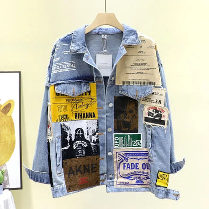 Women's Vintage Denim Jacket – Letter Print Casual
