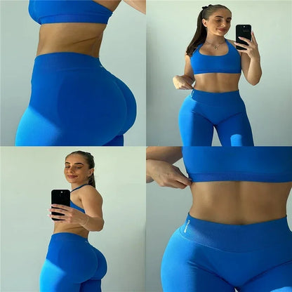 2Pcs Women's Gym Yoga Set Seamless High Waist Leggings Sports Bra Top Workout Outfit Fitness Activewear Running Training Clothes