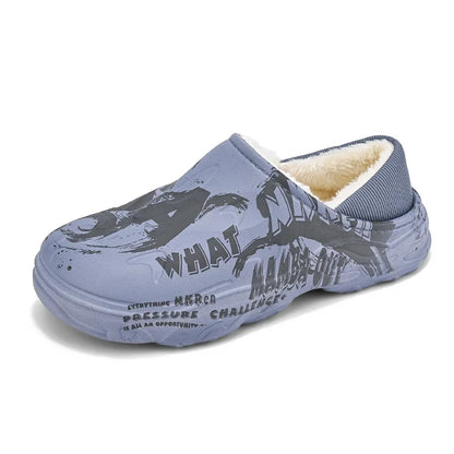 Winter-Fellpantoffeln für Herren, warme Indoor-Baumwollschuhe, wasserdichte Outdoor-Gartenschuhe, Slip-On Clogs, halbe Pantoletten/Sandalen