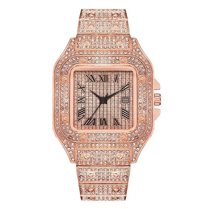 Rose gold watch with diamond-studded case on a white background