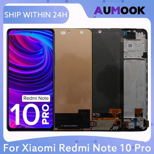 Phone screen assembly for Xiaomi Redmi Note 10 Pro with Aumook branding on a blue background.