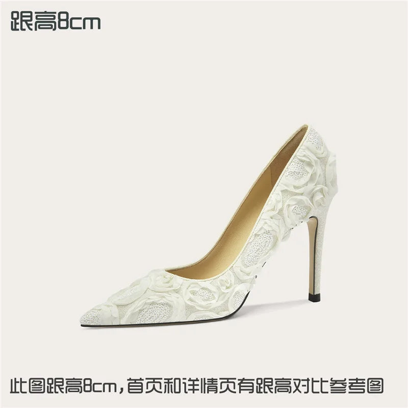Women's Lace Glitter Wedding Heels – Pointed Toe Banquet Shoes