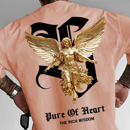 Men's summer 100% pure cotton fashionable casual sports loose angel pattern letter print round neck short sleeved T-shirt top