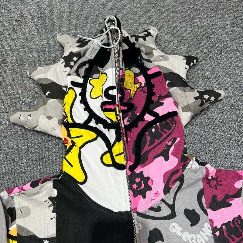 Designer Sun Face Patchwork Zipper Hoodie Jacket Sweater