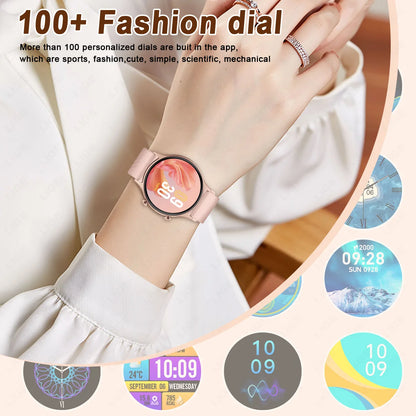 Smartwatch on a wrist with customizable dials displayed around the image