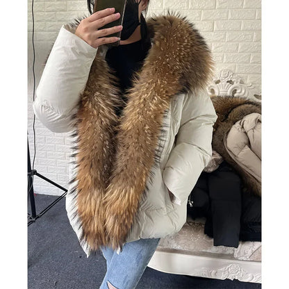 2025 MAOMAOKONG White Duck Down Jacket Winter Women Warm Loose Coat Natural Real Fox Fur Collar Thick Luxury Outerwear parkas