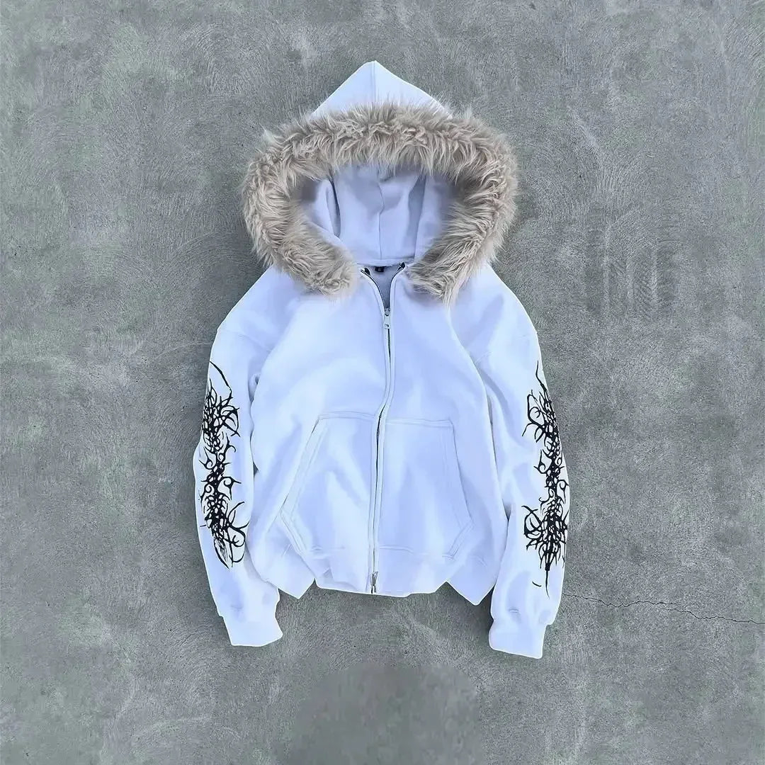 Trendy Street Style Hooded Open Cardigan Sweatshirt 2025 Zipper Fur Collar Spicy Girl Outerwear New Loose Fit Fleece Long Sle...