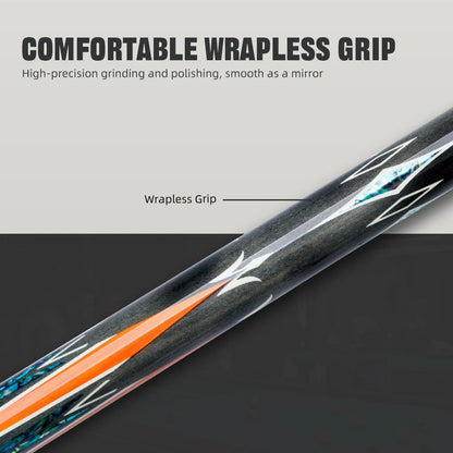 Close-up of a wrapless grip with text highlighting its features on a gray background